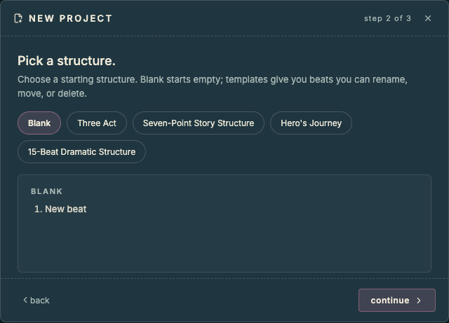 The New Project wizard showing structure templates, with Hero's Journey selected.
