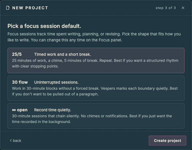 The New Project wizard showing focus session defaults, with 30 flow selected.