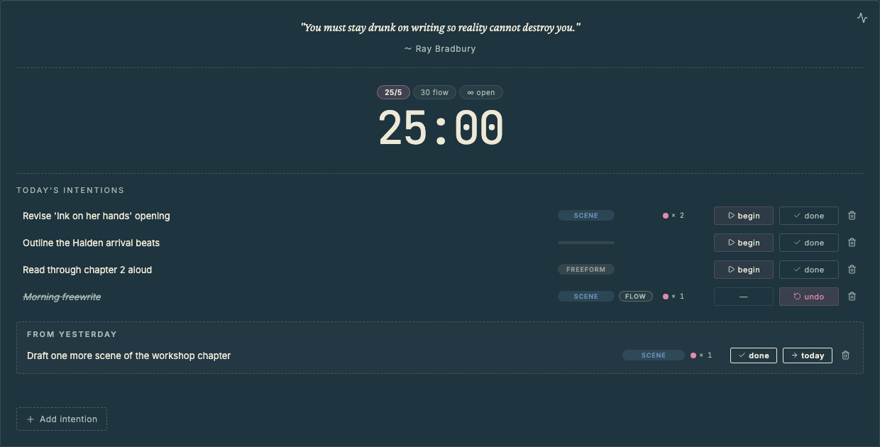 The Focus panel showing session modes, a timer, and today's intention list.