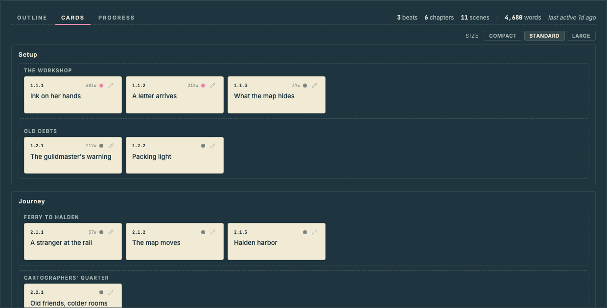 Planner cards showing scenes as movable story cards.