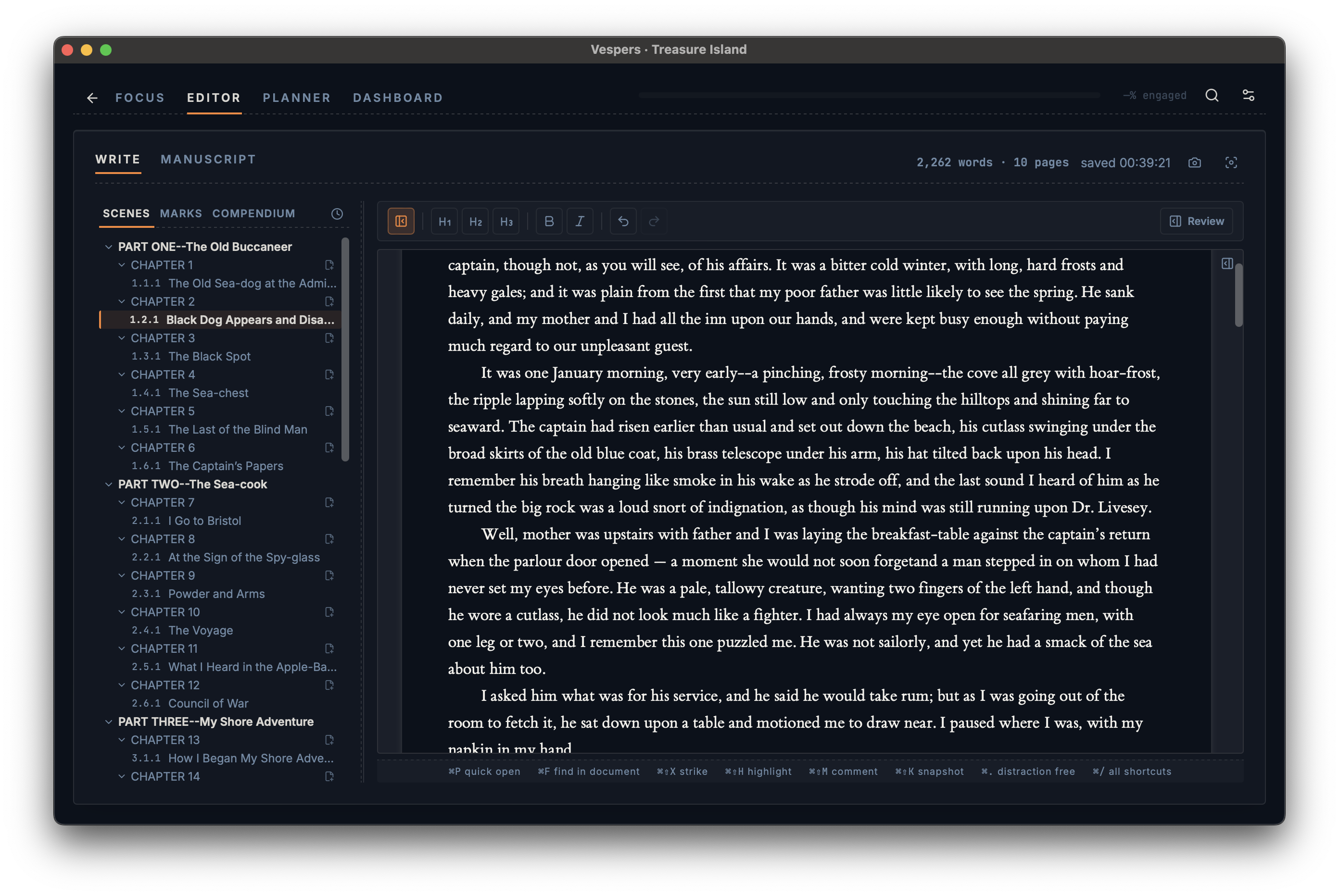 Vespers Editor in review mode, showing a dark manuscript view with comments, highlights, strikethrough marks, and the marks sidebar.