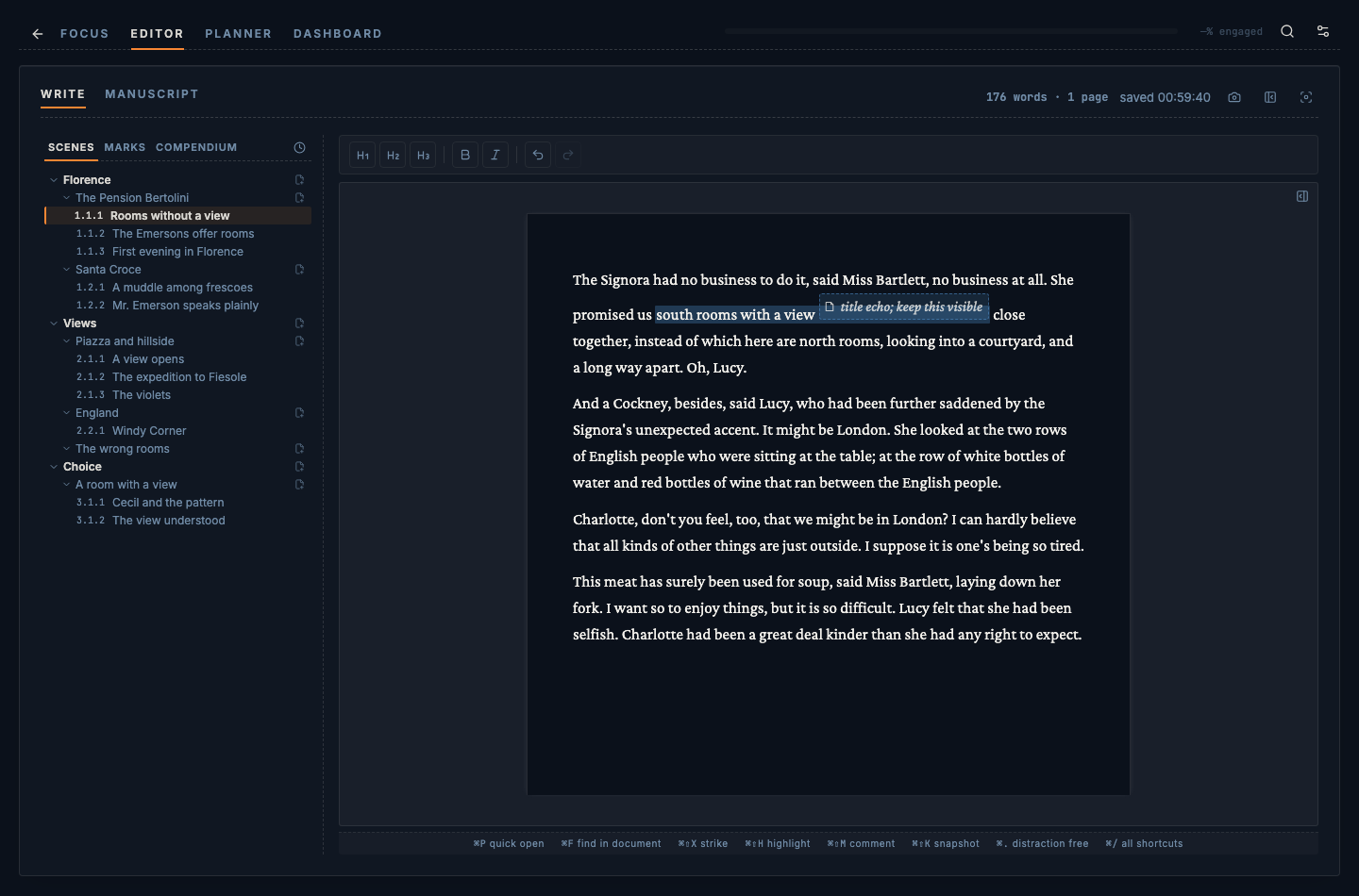 Vespers editor with an outline sidebar on the left showing beats, chapters, and scenes; prose on the right with a strikethrough, a highlight+comment, and a standalone post-it note visible.